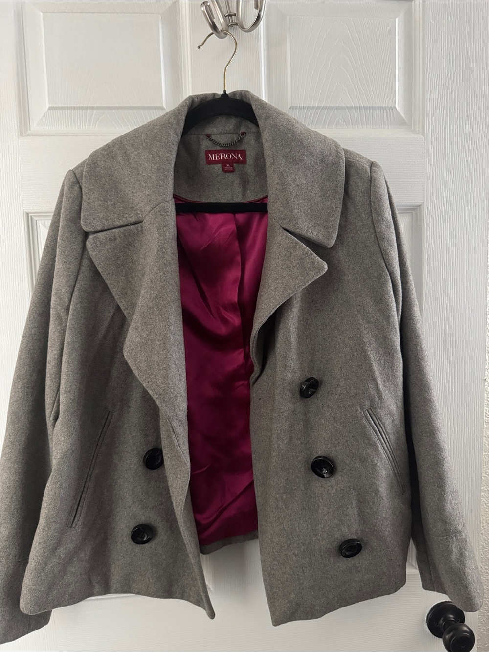 Merona Gray Peacoat with Magenta Satin Lining